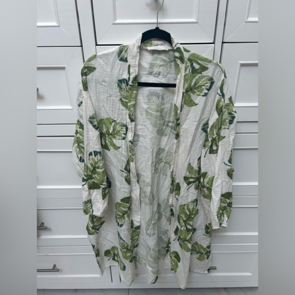 Lush Cream & Green Kimono Jacket with Open Front
